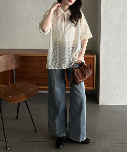 Eclat one（エクラワン）の「【Eclat one】キーネック スキッパー メッシュ トップス ◎（シャツ/ブラウス・レディース・ブラック/アイボリー/モカ・M）」の8枚目の写真