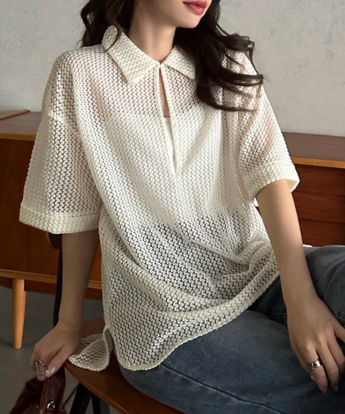 Eclat one（エクラワン）の「【Eclat one】キーネック スキッパー メッシュ トップス ◎（シャツ/ブラウス・レディース・ブラック/アイボリー/モカ・M）」の9枚目の写真