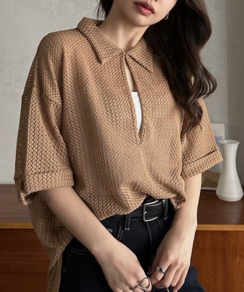 Eclat one（エクラワン）の「【Eclat one】キーネック スキッパー メッシュ トップス ◎（シャツ/ブラウス・レディース・ブラック/アイボリー/モカ・M）」の16枚目の写真