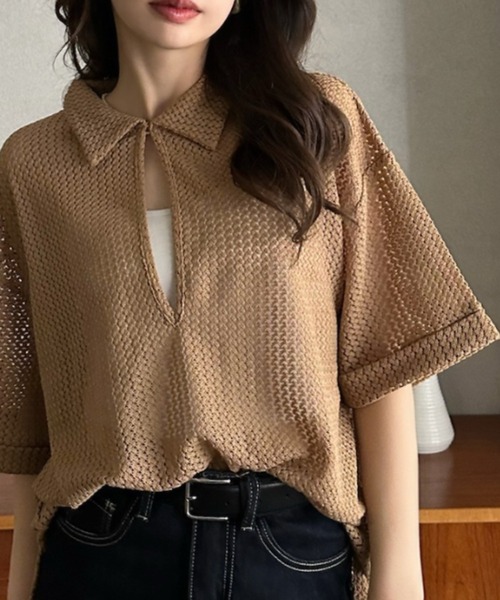 Eclat one（エクラワン）の「【Eclat one】キーネック スキッパー メッシュ トップス ◎（シャツ/ブラウス・レディース・ブラック/アイボリー/モカ・M）」の17枚目の写真