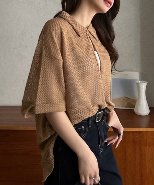 Eclat one（エクラワン）の「【Eclat one】キーネック スキッパー メッシュ トップス ◎（シャツ/ブラウス・レディース・ブラック/アイボリー/モカ・M）」の18枚目の写真
