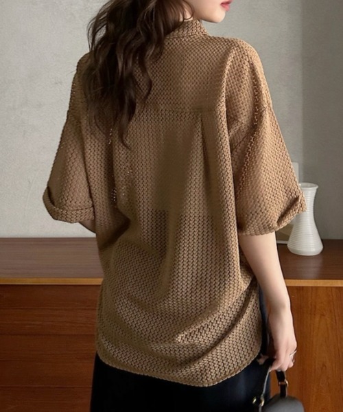 Eclat one（エクラワン）の「【Eclat one】キーネック スキッパー メッシュ トップス ◎（シャツ/ブラウス・レディース・ブラック/アイボリー/モカ・M）」の19枚目の写真