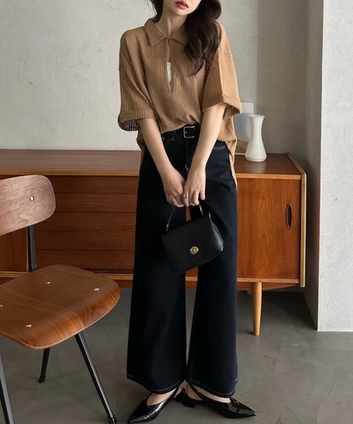 Eclat one（エクラワン）の「【Eclat one】キーネック スキッパー メッシュ トップス ◎（シャツ/ブラウス・レディース・ブラック/アイボリー/モカ・M）」の21枚目の写真