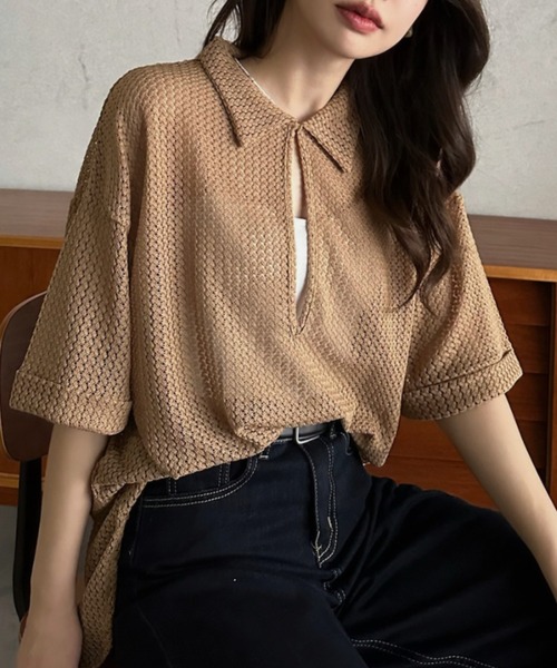 Eclat one（エクラワン）の「【Eclat one】キーネック スキッパー メッシュ トップス ◎（シャツ/ブラウス・レディース・ブラック/アイボリー/モカ・M）」の20枚目の写真