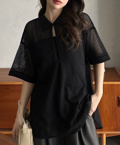 Eclat one（エクラワン）の「【Eclat one】キーネック スキッパー メッシュ トップス ◎（シャツ/ブラウス・レディース・ブラック/アイボリー/モカ・M）」の13枚目の写真