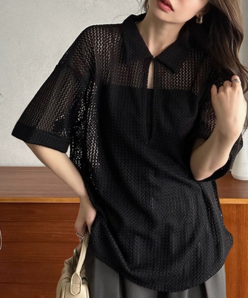 Eclat one（エクラワン）の「【Eclat one】キーネック スキッパー メッシュ トップス ◎（シャツ/ブラウス・レディース・ブラック/アイボリー/モカ・M）」の10枚目の写真