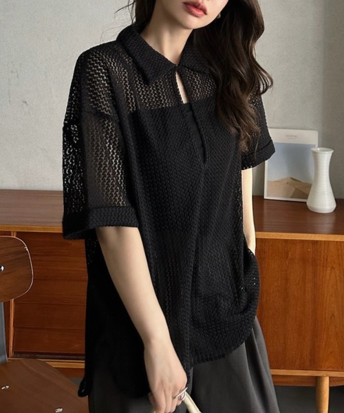 Eclat one（エクラワン）の「【Eclat one】キーネック スキッパー メッシュ トップス ◎（シャツ/ブラウス・レディース・ブラック/アイボリー/モカ・M）」の14枚目の写真