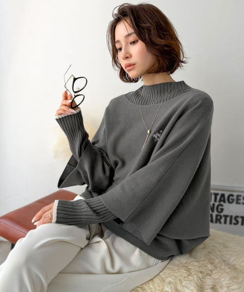 classicalelf(クラシカルエルフ)の「【2点セット】ラクしておしゃれ♪着るだけでレイヤードコーデが完成!リブニット×ドルマンニット胸刺繍入り配色レイヤードニット(長袖)(ニット/セーター・レディース・ブラック/チャコール/モカ/アイボリー・LARGE/MEDIUM/SMALL/X-LARGE)」の21枚目の写真