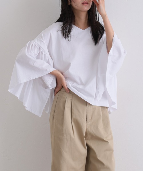 ElegChic(エレグシック)の「ドロップショルダー ギャザー スリーブ カットソー(Tシャツ/カットソー・レディース・ブラック/カーキ/チャコール/ホワイト・4L/XL/M)」の20枚目の写真