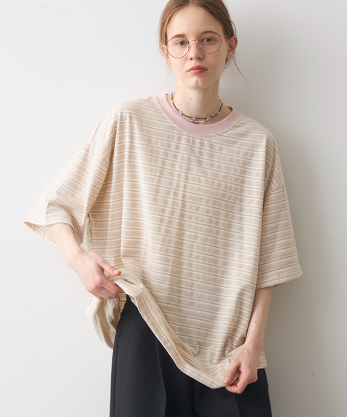 Crisp（クリスプ）の「half sleeve over border T / ハーフスリーブオーバーボーダーT（Tシャツ/カットソー・レディース・ブラック/ピンク・FREE）」の2枚目の写真