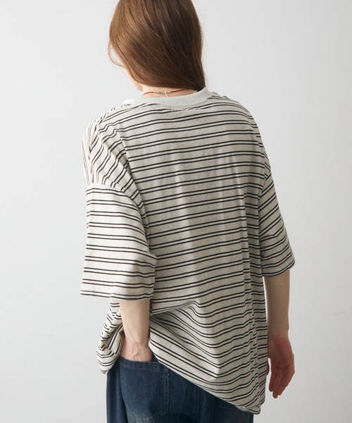 Crisp（クリスプ）の「half sleeve over border T / ハーフスリーブオーバーボーダーT（Tシャツ/カットソー・レディース・ブラック/ピンク・FREE）」の8枚目の写真