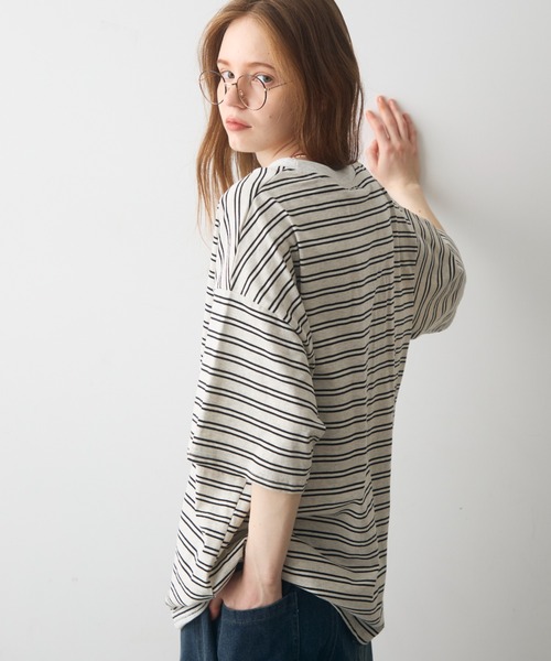 Crisp（クリスプ）の「half sleeve over border T / ハーフスリーブオーバーボーダーT（Tシャツ/カットソー・レディース・ブラック/ピンク・FREE）」の7枚目の写真