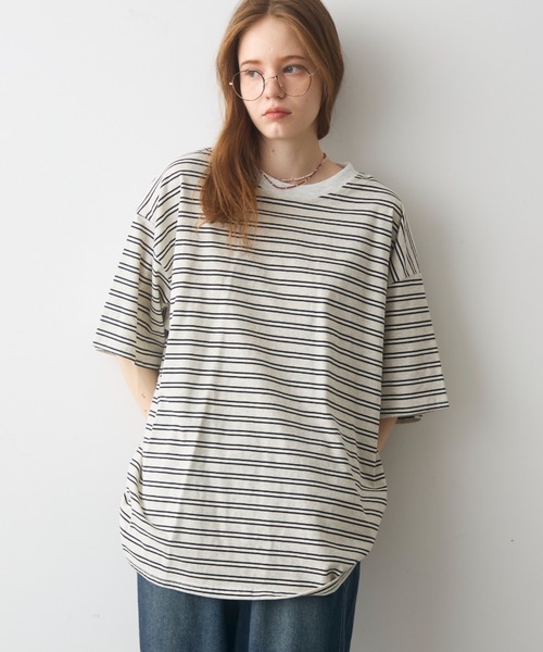 Crisp（クリスプ）の「half sleeve over border T / ハーフスリーブオーバーボーダーT（Tシャツ/カットソー・レディース・ブラック/ピンク・FREE）」の5枚目の写真