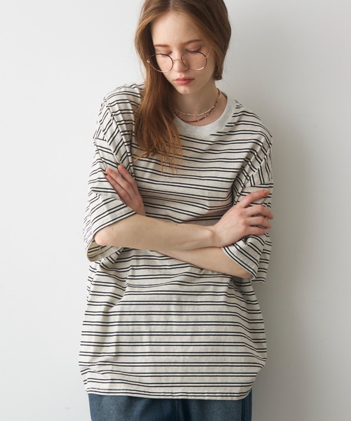 Crisp（クリスプ）の「half sleeve over border T / ハーフスリーブオーバーボーダーT（Tシャツ/カットソー・レディース・ブラック/ピンク・FREE）」の6枚目の写真