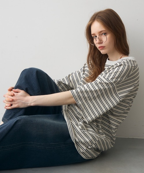 Crisp（クリスプ）の「half sleeve over border T / ハーフスリーブオーバーボーダーT（Tシャツ/カットソー・レディース・ブラック/ピンク・FREE）」の3枚目の写真