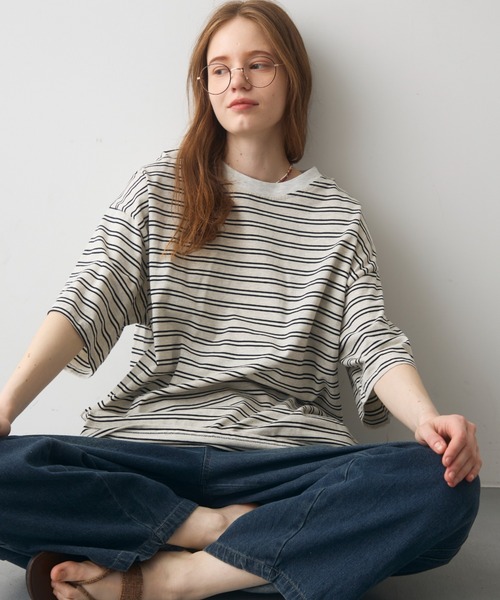 Crisp（クリスプ）の「half sleeve over border T / ハーフスリーブオーバーボーダーT（Tシャツ/カットソー・レディース・ブラック/ピンク・FREE）」の4枚目の写真