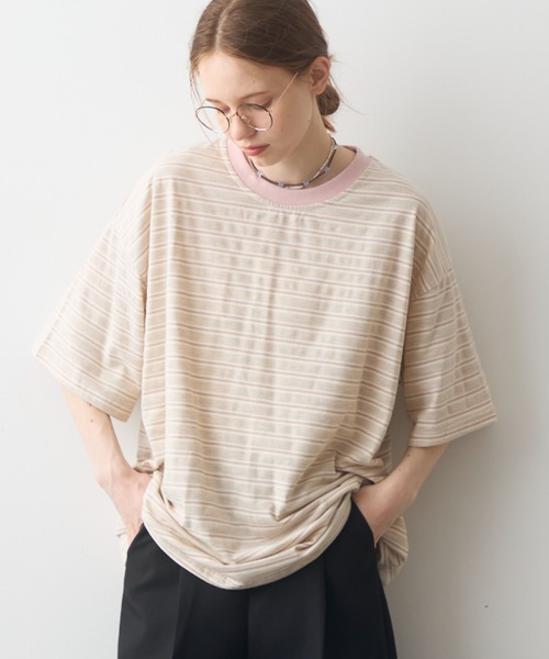 Crisp（クリスプ）の「half sleeve over border T / ハーフスリーブオーバーボーダーT（Tシャツ/カットソー・レディース・ブラック/ピンク・FREE）」の22枚目の写真
