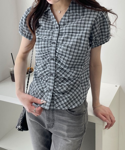 WEGO（ウィゴー）の「WEGO/【26年春夏新作】コンパクトギャザーチェックシャツ（シャツ/ブラウス・レディース・ホワイト/サックスブルー・FREE）」の16枚目の写真