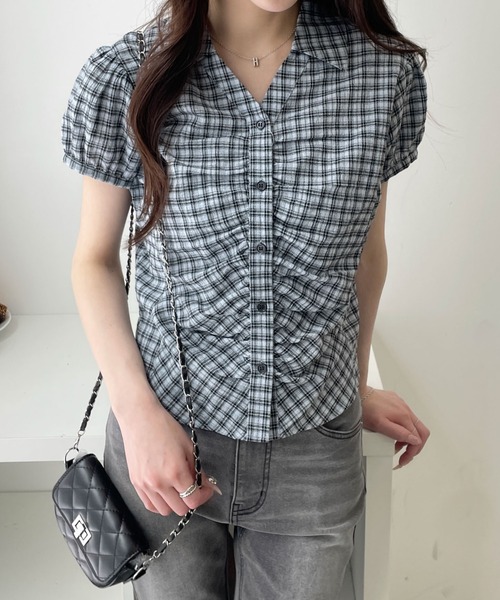 WEGO（ウィゴー）の「WEGO/【26年春夏新作】コンパクトギャザーチェックシャツ（シャツ/ブラウス・レディース・ホワイト/サックスブルー・FREE）」の15枚目の写真