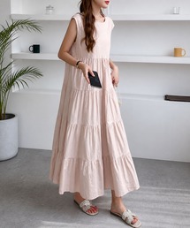 【人気アイテム◎】さらっと一枚で決まるリラックスシルエット ノースリーブティアードフレアロングワンピース