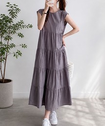 【人気アイテム◎】さらっと一枚で決まるリラックスシルエット ノースリーブティアードフレアロングワンピース