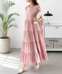 【人気アイテム◎】さらっと一枚で決まるリラックスシルエット ノースリーブティアードフレアロングワンピース