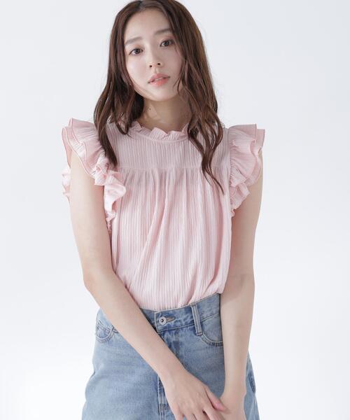 NATURAL BEAUTY BASIC（ナチュラルビューティーベーシック）の「ハイネックフリルスリーブカットソー（Tシャツ/カットソー・レディース・ピンク/オフホワイト/ダークブラウン・ﾌﾘ-）」の3枚目の写真