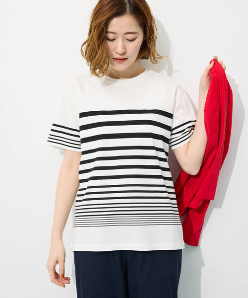 Petit Honfleur(プチオンフルール)の「パネルボーダーTシャツ【接触冷感・UVカット・オーガニックコットンブレンド】(Tシャツ/カットソー・レディース・ホワイト/ネイビー・M/L)」の6枚目の写真