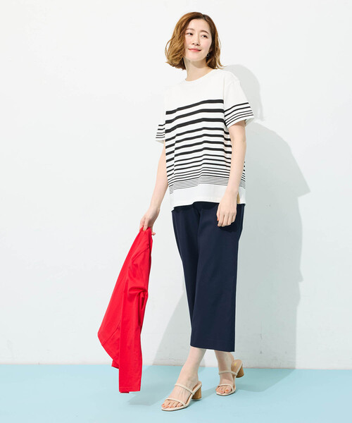 Petit Honfleur(プチオンフルール)の「パネルボーダーTシャツ【接触冷感・UVカット・オーガニックコットンブレンド】(Tシャツ/カットソー・レディース・ホワイト/ネイビー・M/L)」の9枚目の写真