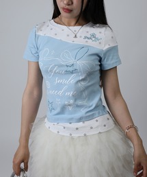HOOK for girls オフショルライク切替Tシャツ ストーン装飾 半袖 トップス (SS)