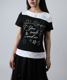HOOK for girls オフショルライク切替Tシャツ ストーン装飾 半袖 トップス (SS)