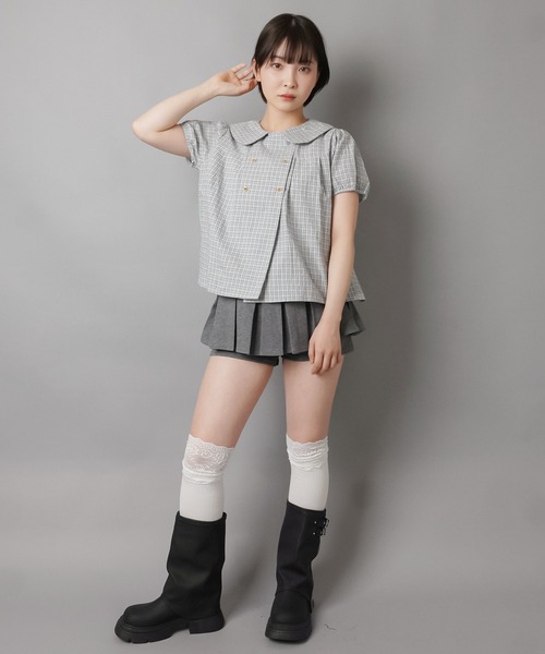 SPINNS(スピンズ)の「チェック柄パフスリーブブラウス/ダブルボタン/韓国ガーリー(シャツ/ブラウス・レディース・ベージュ/サックスブルー/グレー・ONESIZE)」の8枚目の写真