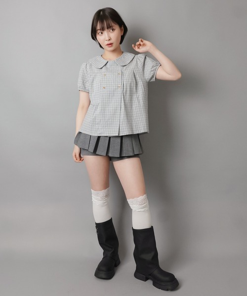 SPINNS(スピンズ)の「チェック柄パフスリーブブラウス/ダブルボタン/韓国ガーリー(シャツ/ブラウス・レディース・ベージュ/サックスブルー/グレー・ONESIZE)」の10枚目の写真