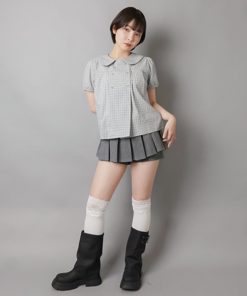 SPINNS(スピンズ)の「チェック柄パフスリーブブラウス/ダブルボタン/韓国ガーリー(シャツ/ブラウス・レディース・ベージュ/サックスブルー/グレー・ONESIZE)」の4枚目の写真