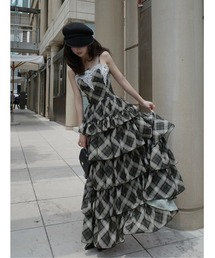 バイヤスチェックシフォンティアードロングワンピース
