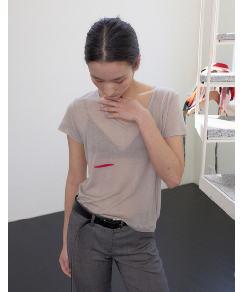 0MILEWEAR(ヤングマイルウェア)の「シアーレッドトリムTシャツ(グレー)(Tシャツ/カットソー・レディース・その他・FREE)」の6枚目の写真