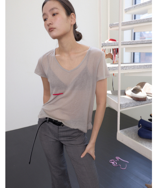 0MILEWEAR(ヤングマイルウェア)の「シアーレッドトリムTシャツ(グレー)(Tシャツ/カットソー・レディース・その他・FREE)」の7枚目の写真