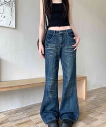 ウォッシュ加工 ヴィンテージ風 ヒゲ加工 フレアデニム ワイドパンツ