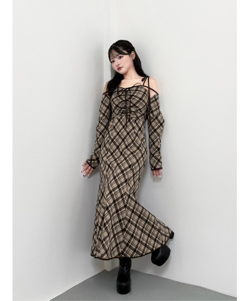 M me eme（エムミーエメ）の「Check ensemble long onepiece(eme10861)（ワンピース・レディース・ブラック/ブラウン・XS/FREE）」の4枚目の写真