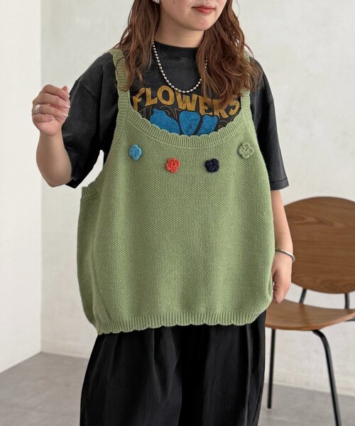 CPCM(シーピーシーエム)の「花刺繍ニットベスト(ニット/セーター・レディース・グリーン/レッド/イエロー・FREE)」の4枚目の写真
