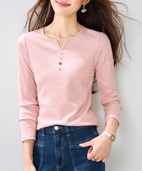 ONEP STAR(ワンピスター)の「フロントボタンキーネックリブカットソー(Tシャツ/カットソー・レディース・ピンク・MEDIUM/LARGE/X-LARGE)」の2枚目の写真