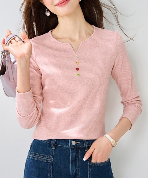 ONEP STAR(ワンピスター)の「フロントボタンキーネックリブカットソー(Tシャツ/カットソー・レディース・ピンク・MEDIUM/LARGE/X-LARGE)」の3枚目の写真