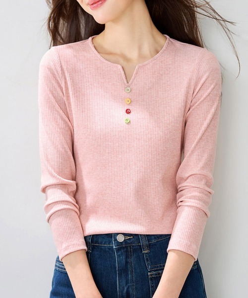 ONEP STAR(ワンピスター)の「フロントボタンキーネックリブカットソー(Tシャツ/カットソー・レディース・ピンク・MEDIUM/LARGE/X-LARGE)」の4枚目の写真
