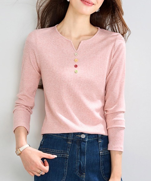 ONEP STAR(ワンピスター)の「フロントボタンキーネックリブカットソー(Tシャツ/カットソー・レディース・ピンク・MEDIUM/LARGE/X-LARGE)」の5枚目の写真