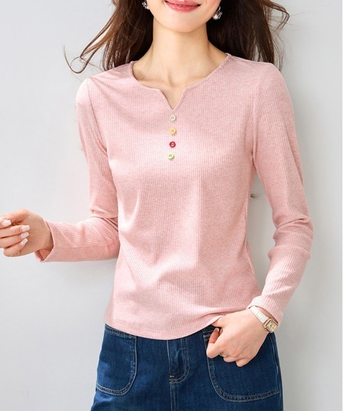 ONEP STAR(ワンピスター)の「フロントボタンキーネックリブカットソー(Tシャツ/カットソー・レディース・ピンク・MEDIUM/LARGE/X-LARGE)」の6枚目の写真