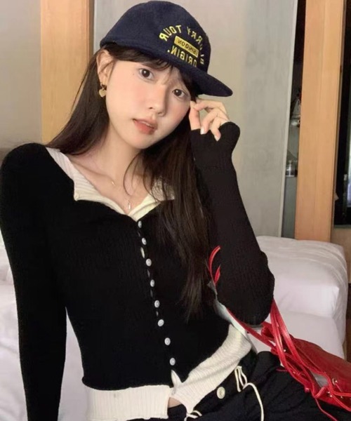 Teem Store(チームストア)の「配色バイカラーフェイクレイヤード リブニットカーディガン(ニット/セーター・レディース・ダークグレー/レッド/ブラック/グレー・M)」の2枚目の写真