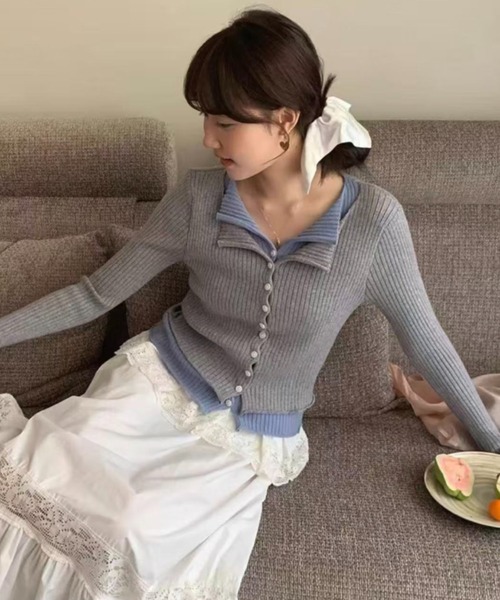 Teem Store(チームストア)の「配色バイカラーフェイクレイヤード リブニットカーディガン(ニット/セーター・レディース・ダークグレー/レッド/ブラック/グレー・M)」の20枚目の写真