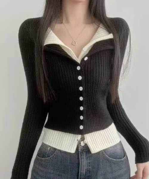 Teem Store(チームストア)の「配色バイカラーフェイクレイヤード リブニットカーディガン(ニット/セーター・レディース・ダークグレー/レッド/ブラック/グレー・M)」の12枚目の写真