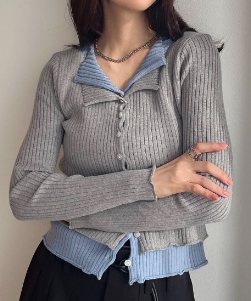 Teem Store(チームストア)の「配色バイカラーフェイクレイヤード リブニットカーディガン(ニット/セーター・レディース・ダークグレー/レッド/ブラック/グレー・M)」の6枚目の写真