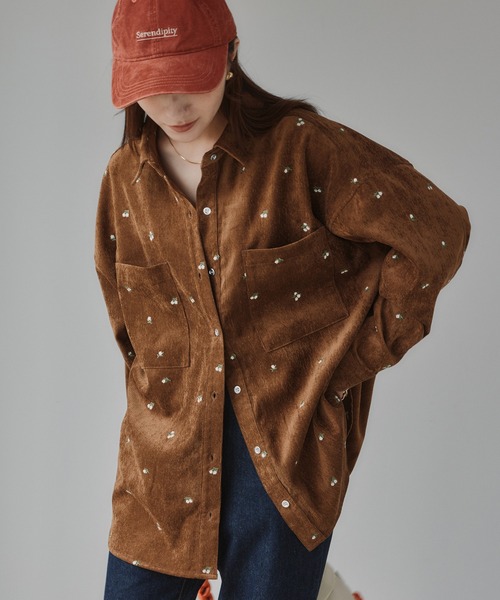 210nouve（トゥージュヌーブ）の「コーデュロイ 花柄 刺繍 ビッグ シャツ ジャケット（シャツ/ブラウス・レディース・ブラウン/アイボリー・FREE）」の4枚目の写真